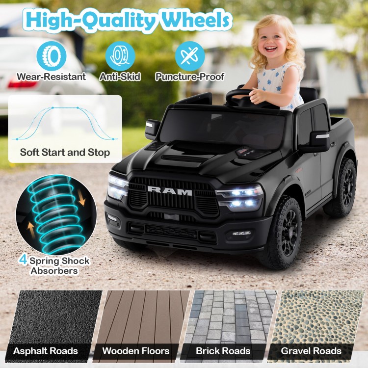 Black 2-seater licensed Ram truck ride-on toy with high-quality wheels, remote control, and spring shock absorbers for.