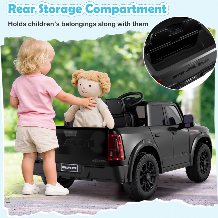 Rear storage compartment of the black 2-seater ride-on Ram truck, perfect for holding children's belongings.