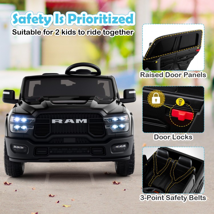 Front view of the black 2-seater licensed Ram truck toy with safety features, suitable for kids to ride together.
