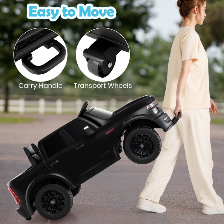 Black 2-seater ride-on toy Ram truck with carry handle and transport wheels for easy movement and fun outdoor play.