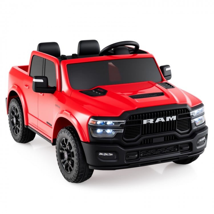 Red 2-seater licensed Ram truck ride-on toy with remote control, LED lights, and storage compartment for kids.