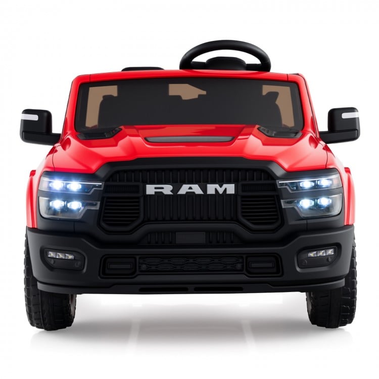Red 2-seater licensed Ram truck ride-on toy with LED lights, remote control, and music for big kids' outdoor fun.