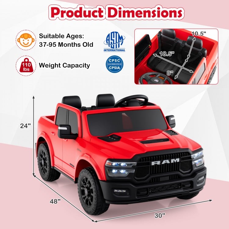 Red 2-seater 24V ride-on toy Ram truck with dimensions 48" x 24" x 18.5", suitable for kids aged 37-95 months.