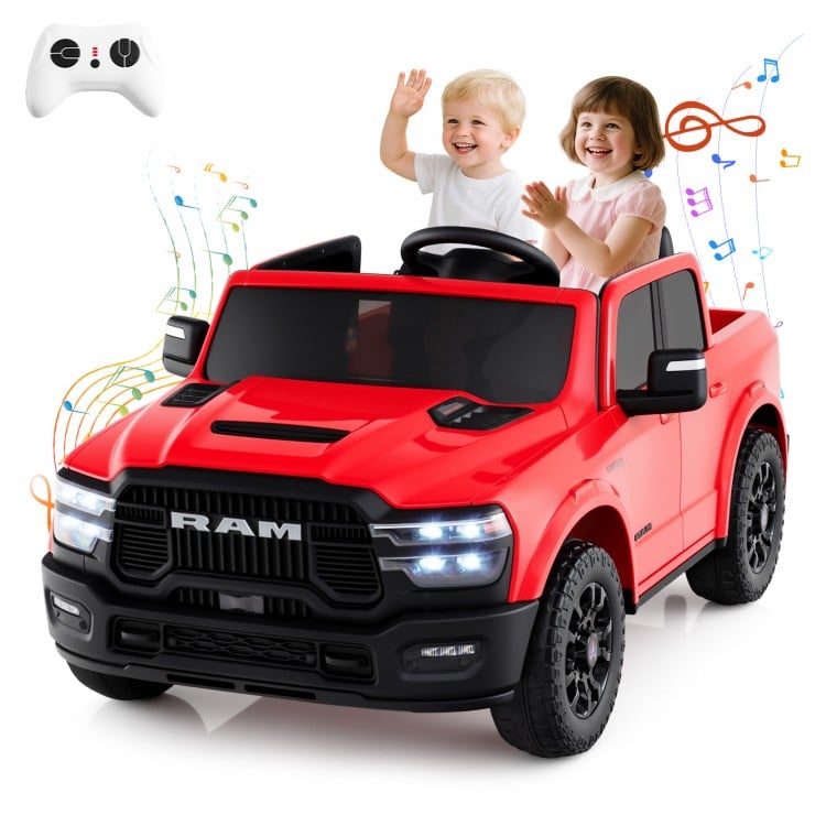 Red 2-seater licensed Ram truck ride-on toy for kids, featuring remote control, music, and LED lights for safe play.