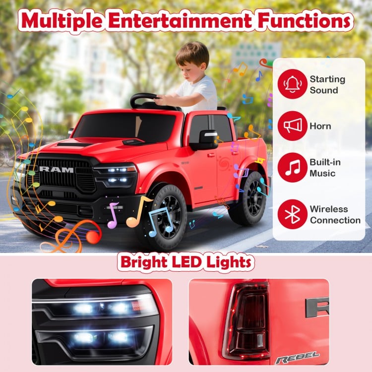 Red 2-seater licensed Ram truck ride-on toy with LED lights, remote control, and built-in music for kids' outdoor fun.
