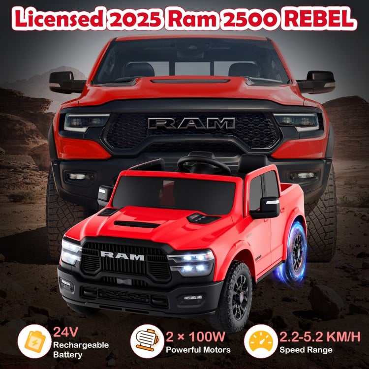 Red 2-seater 24V licensed Ram truck ride-on toy with remote control, LED lights, and 2 powerful motors for kids.