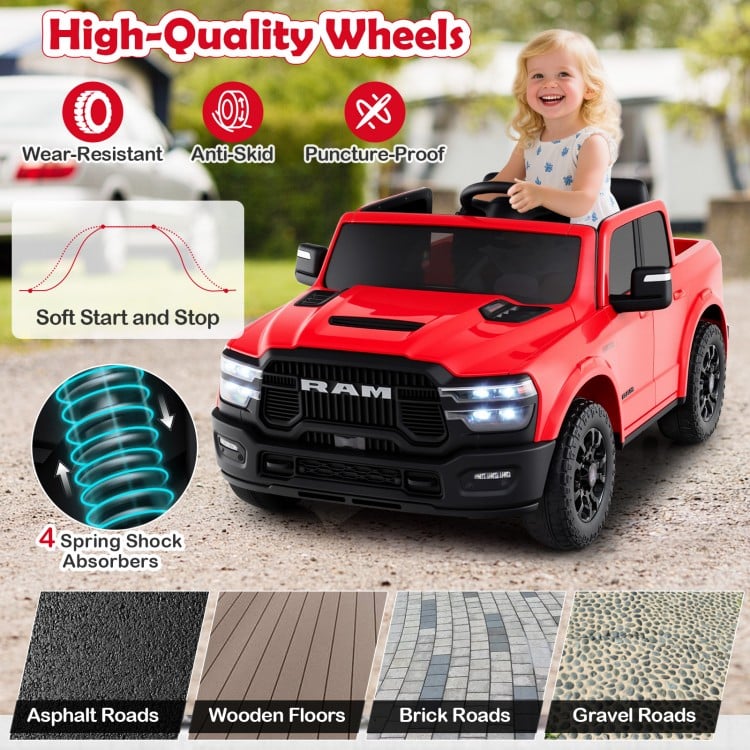 Red 2-seater licensed Ram truck ride-on toy with high-quality wheels, remote control, and LED lights for kids' fun.