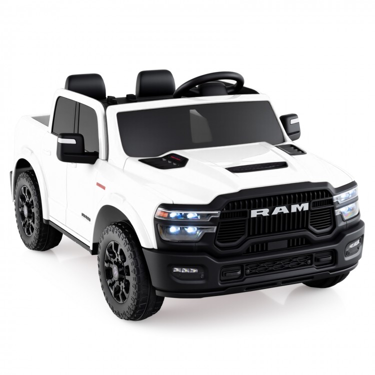 White 2-seater licensed Ram truck ride-on toy with remote control, LED lights, and safety features for big kids.