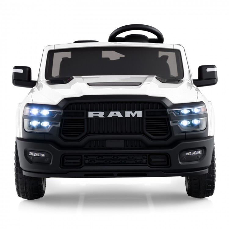 Front view of a white 2-seater 24V licensed Ram truck ride-on toy with LED lights and steering wheel for kids.