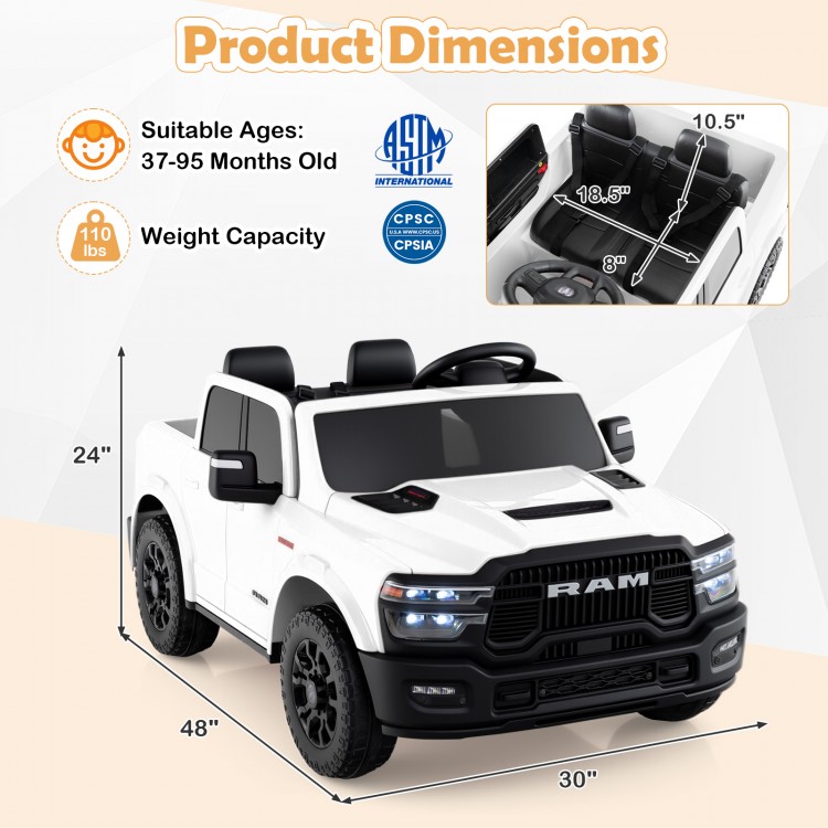 White 2-seater 24V ride-on Ram truck for kids, featuring remote control, LED lights, and safety belts for secure.