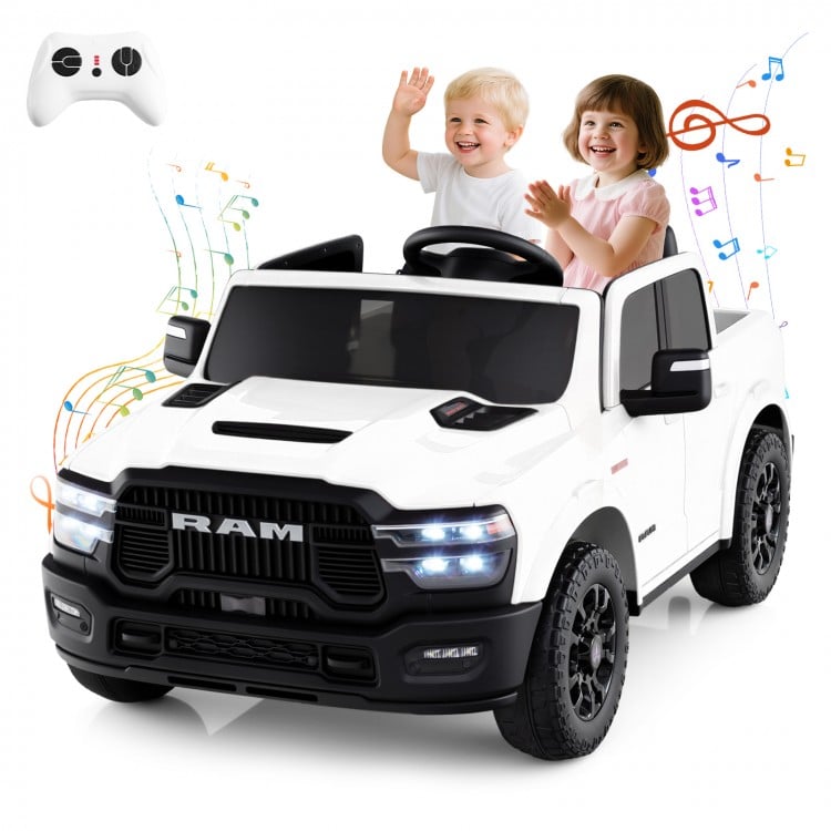 White 2-seater licensed Ram truck ride-on toy with remote control, music, and LED lights for kids' outdoor fun.