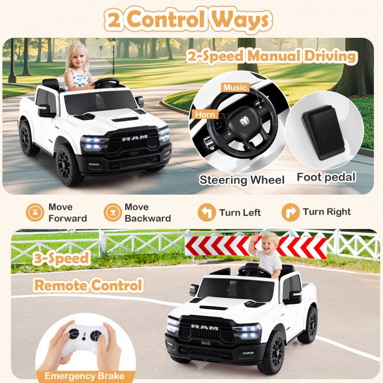 White 2-seater licensed Ram truck ride-on toy with remote control, music, and safety features for big kids.