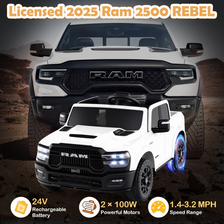White 2-seater licensed Ram truck ride-on toy with remote control, 24V battery, and LED lights for big kids.