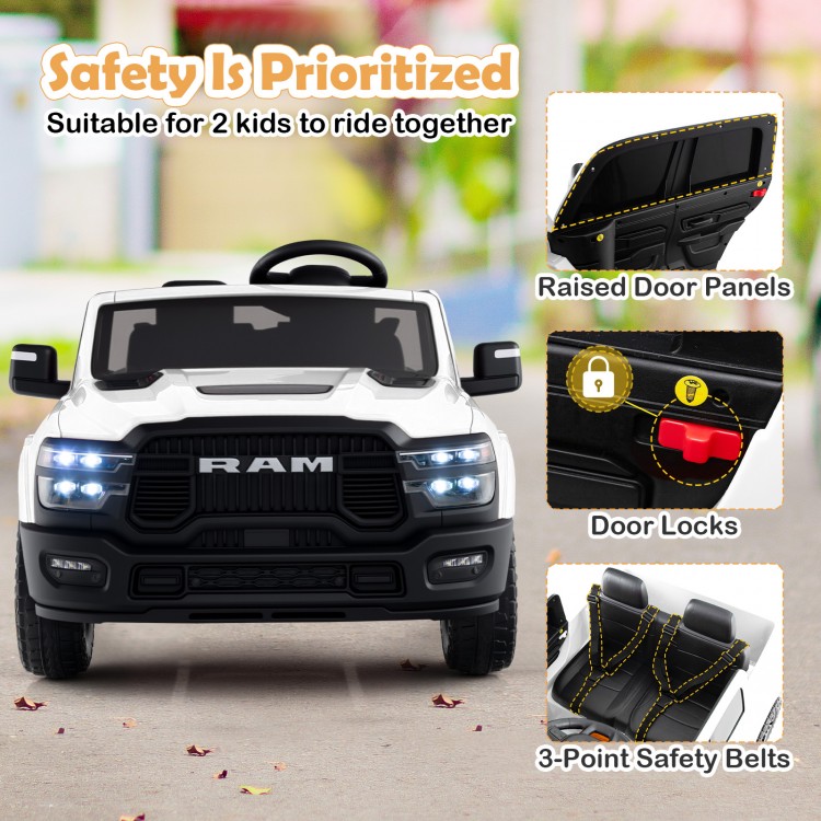 2-seater licensed Ram truck ride-on toy in white with safety features, remote control, and music for kids' fun.