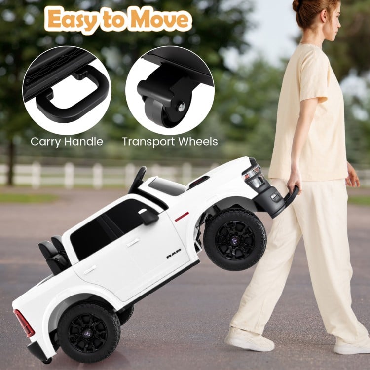 White 2-seater ride-on Ram truck with carry handle and transport wheels, designed for easy movement and fun for kids.