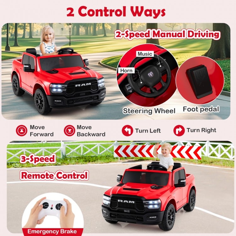 Red 2-seater licensed Ram truck ride-on toy with remote control, music, and safety features for big kids.