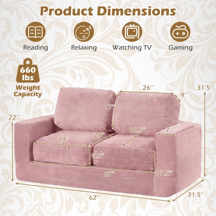 2-seater floor couch loveseat in pink with removable corduroy cover, measuring 62" for cozy lounging in small spaces.