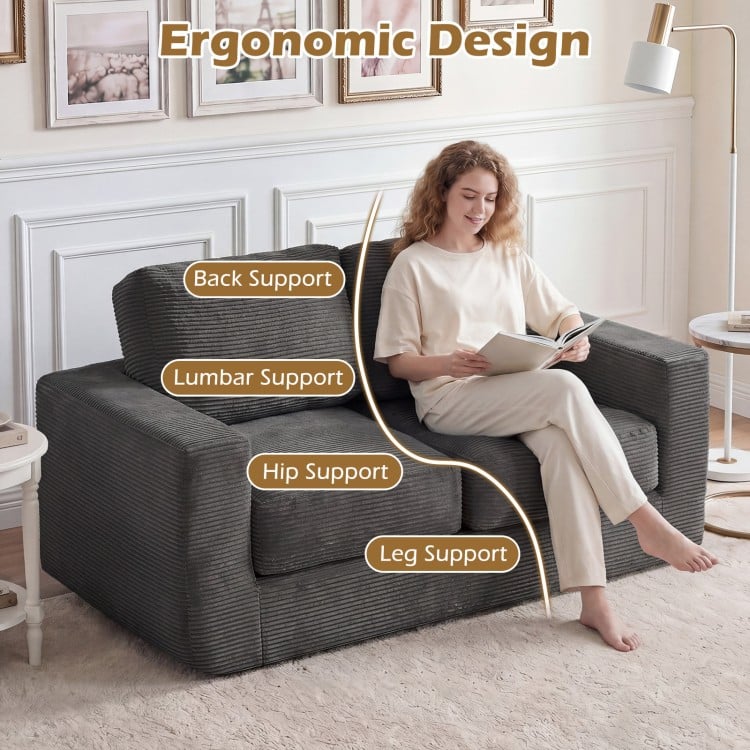 2-seater floor couch loveseat in black with ergonomic design, featuring back, lumbar, hip, and leg support for cozy.