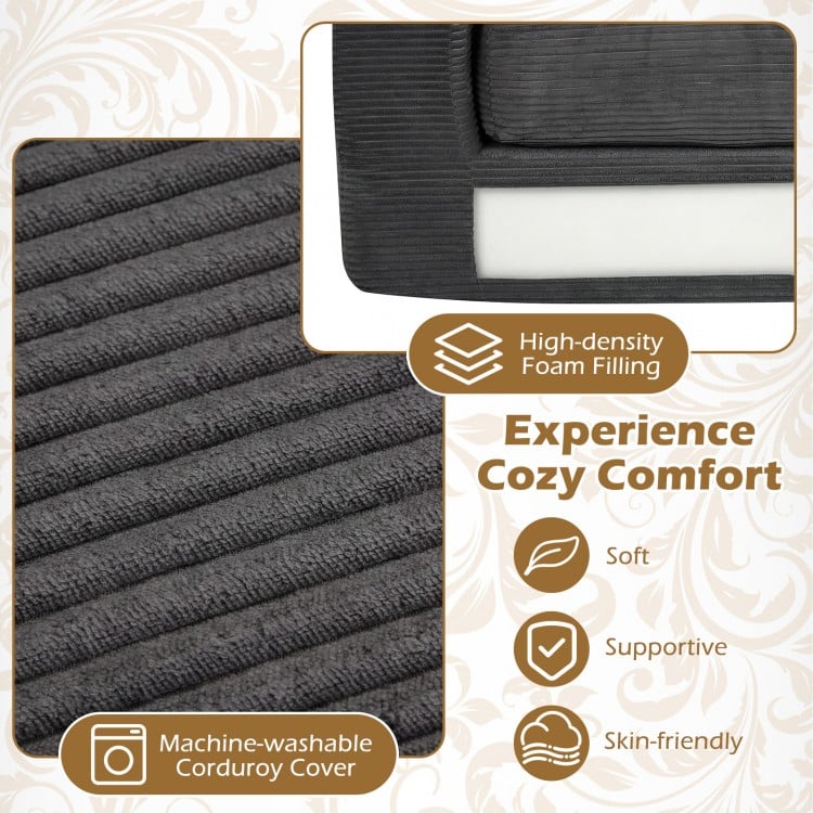 Close-up of the black corduroy cover on a 2-seater floor couch loveseat, featuring supportive foam filling for cozy.