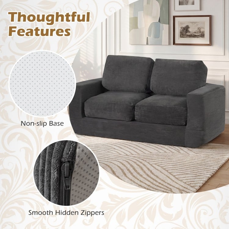 Black 2-seater floor couch loveseat with removable corduroy cover and non-slip base, ideal for compact spaces.