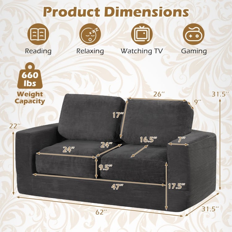 2-seater floor couch loveseat in black with removable corduroy cover, featuring supportive foam and compact design for.
