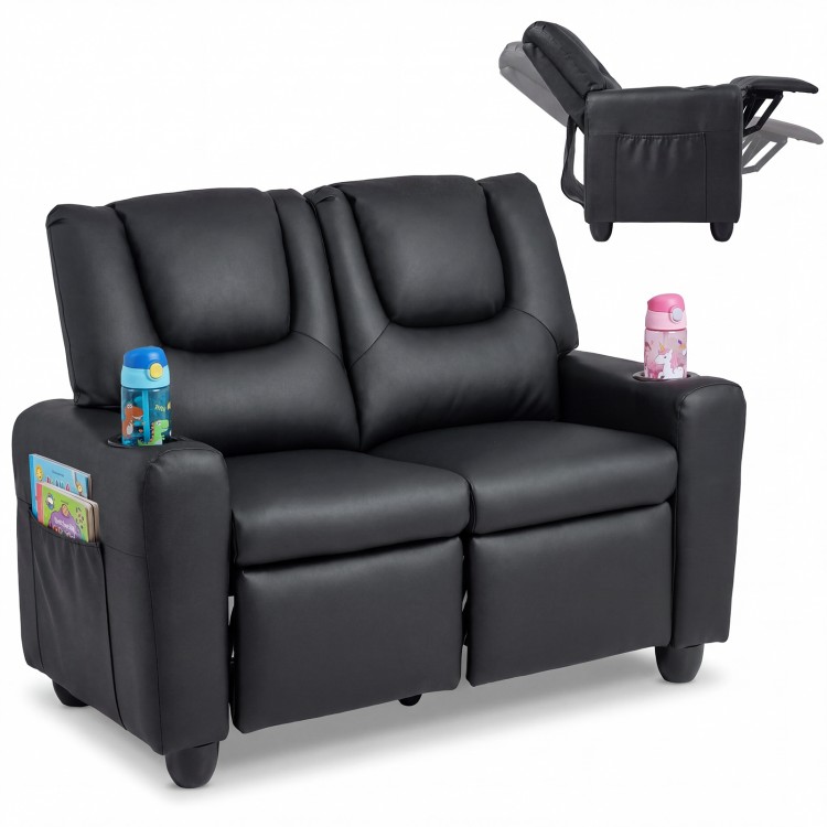 Black 2-seater kids recliner sofa with adjustable backrest, cup holders, and side pockets for toys and books.