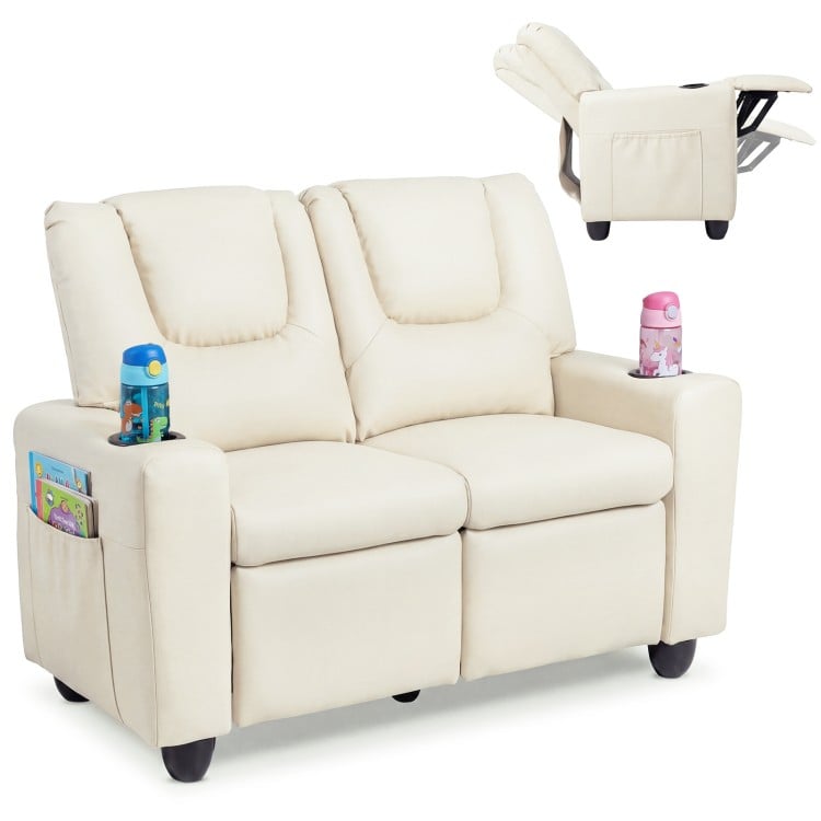 Beige 2-seater kids recliner sofa chair with adjustable backrest, cup holders, and side pockets for toys and books.