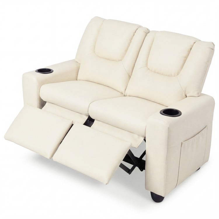 Beige 2-seater kids recliner sofa chair with adjustable backrest, footrest, and 2 cup holders for comfortable lounging.