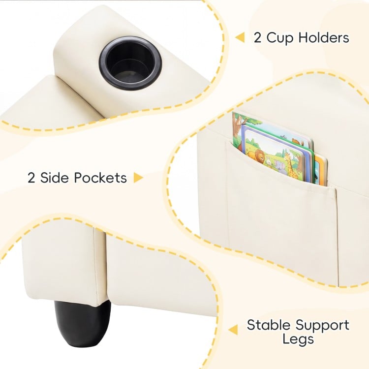 Beige 2-seater kids recliner sofa chair with cup holders and side pockets for convenient storage and cozy lounging.