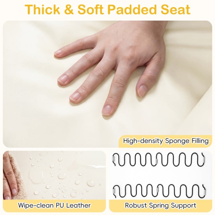 Thick padded seat of the beige 2-seater kids recliner with wipe-clean PU leather and robust spring support for comfort.
