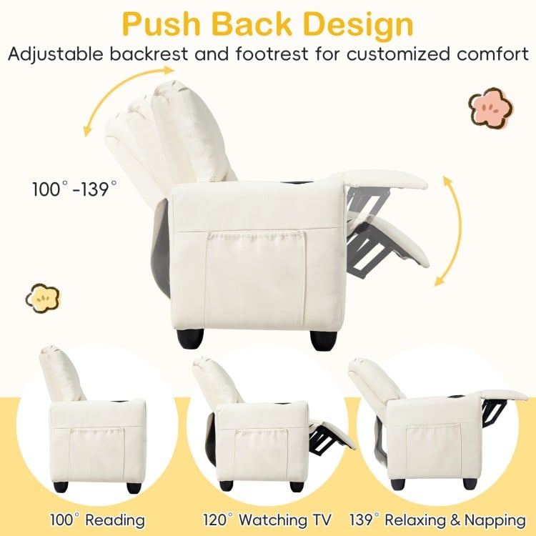 Beige 2-seater kids recliner chair showing adjustable backrest positions, ideal for reading, watching TV, or relaxing.