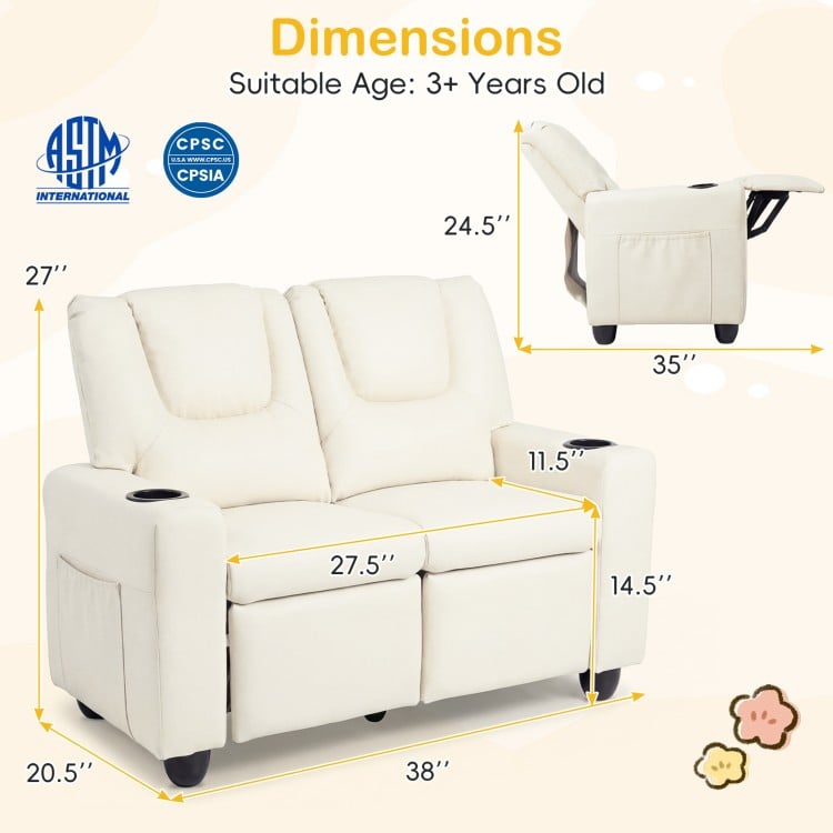 Beige 2-seater kids recliner sofa chair with adjustable backrest, cup holders, and spacious design for toddlers.