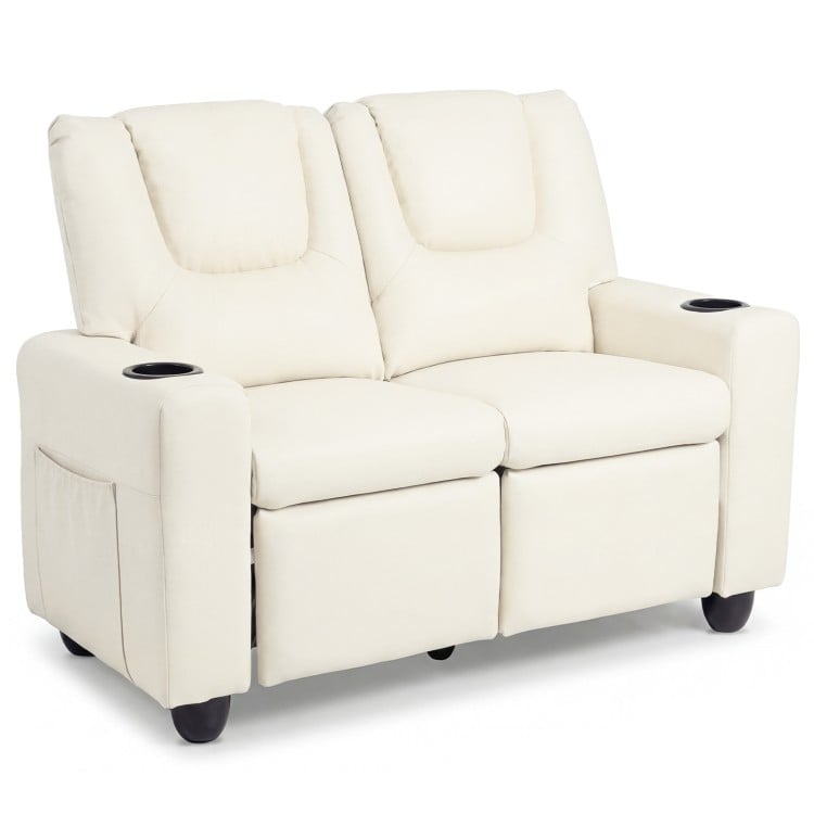 Beige 2-seater kids recliner sofa chair featuring a close-up of the smooth PU leather finish and cushioned armrests for.