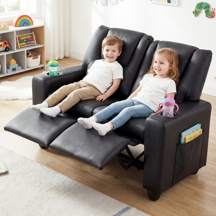 Kids enjoy lounging on the black 2-seater recliner sofa chair with cup holders and adjustable footrests.