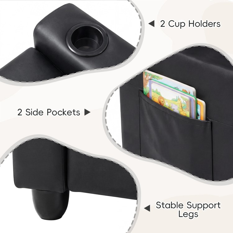 Black 2-seater kids recliner with 2 cup holders, side pockets, and stable support legs for comfortable lounging.