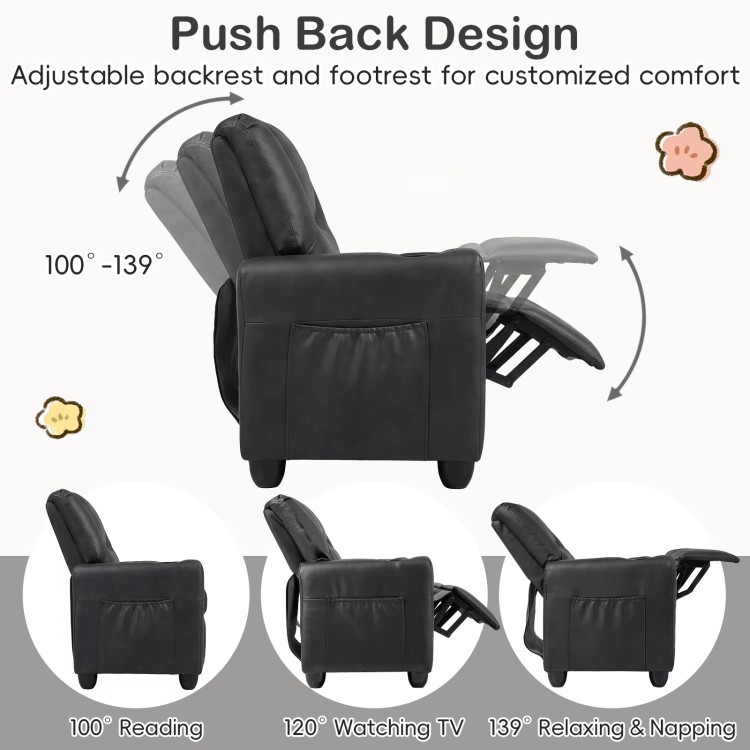 Black 2-seater kids recliner with adjustable backrest, footrest, and 2 cup holders for comfortable lounging.