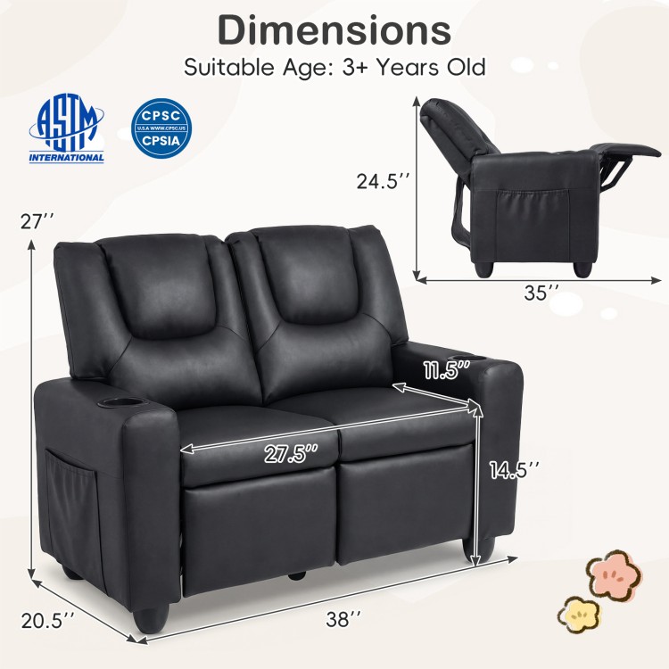 Black 2-seater kids recliner sofa chair with adjustable backrest, cup holders, and side pockets for toys and books.