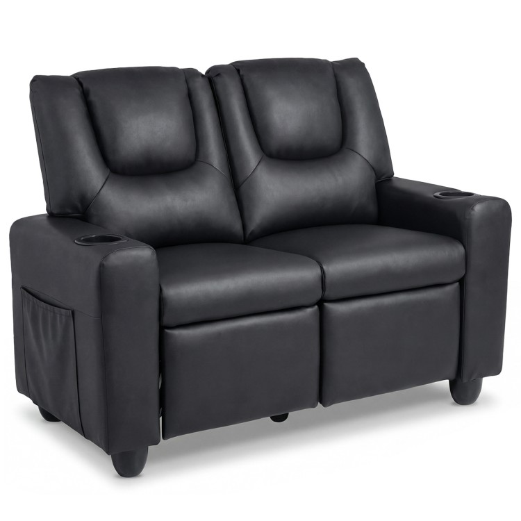Black kids recliner sofa chair designed for two, featuring side pockets for storage and a sturdy wooden and metal frame.