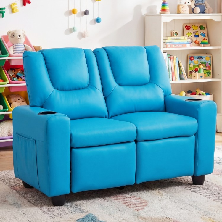 Blue 2-seater kids recliner sofa chair with adjustable backrest, cup holders, and side pockets for toys and books.