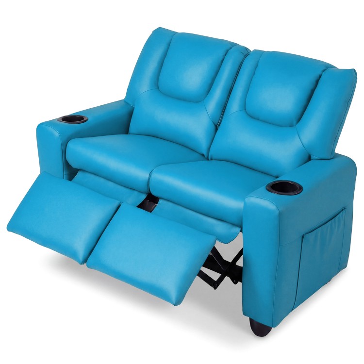 Blue 2-seater kids recliner sofa chair featuring a retractable footrest and easy-to-clean PU leather for effortless.