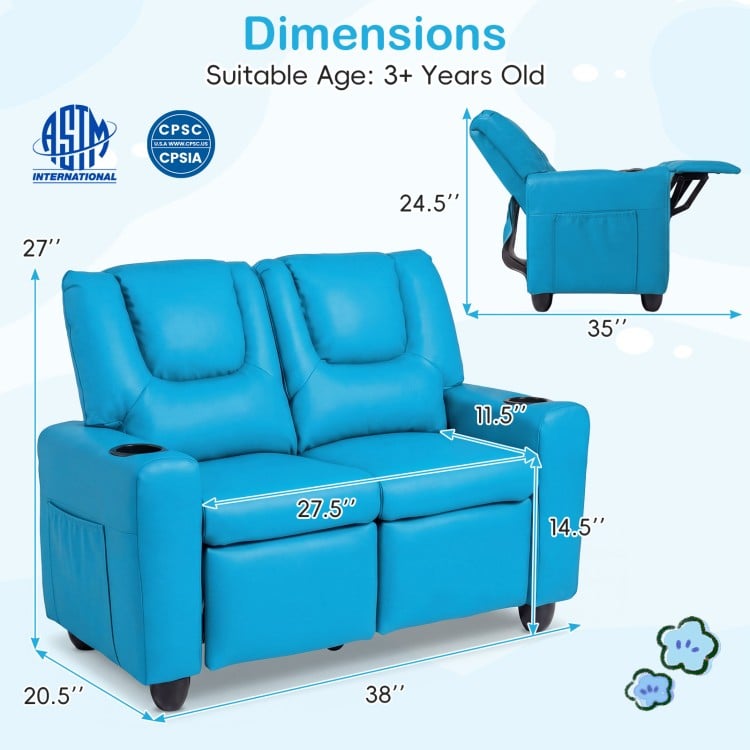 Blue 2-seater kids recliner sofa chair with adjustable backrest, cup holders, and spacious design for toddlers.