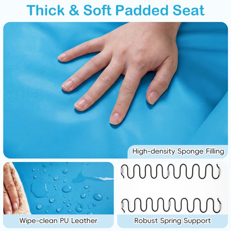 Close-up of the thick padded seat of a blue 2-seater kids recliner with wipe-clean PU leather and high-density sponge.