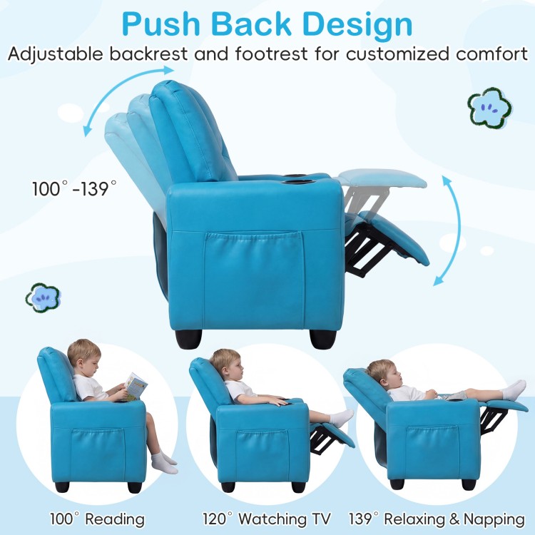 Blue 2-seater kids recliner sofa chair with adjustable backrest, footrest, and 2 cup holders for comfortable lounging.