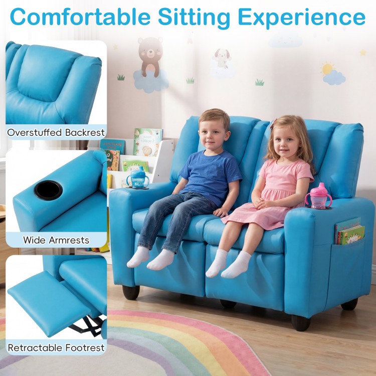 Blue 2-seater kids recliner sofa chair with adjustable backrest, cup holders, and spacious seating for toddlers.