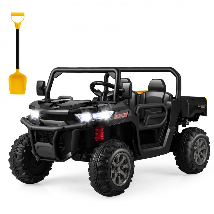 Black 2-seater kids ride-on dump truck with tiltable dump bed, shovel, and built-in music for outdoor fun.