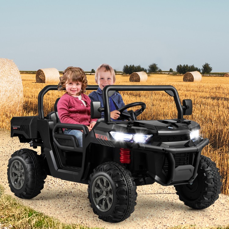 Black 2-seater kids ride-on dump truck with tiltable dump bed, ideal for outdoor play and toy storage.