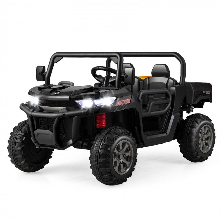 Black 2-seater kids ride-on dump truck with tiltable dump bed, remote control, and safety features for outdoor fun.