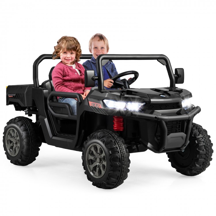 2-seater kids ride-on dump truck in black with tiltable dump bed, ideal for outdoor play and toy storage.