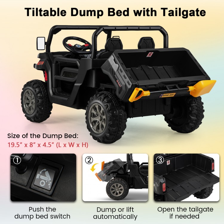 2-seater kids ride-on dump truck with tiltable dump bed, black, for outdoor play and toy storage.