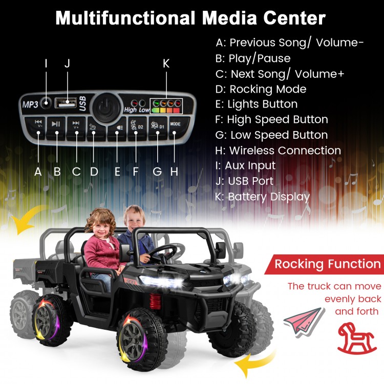 2-seater kids ride-on dump truck in black with tiltable dump bed, built-in music, and remote control for fun outdoor.